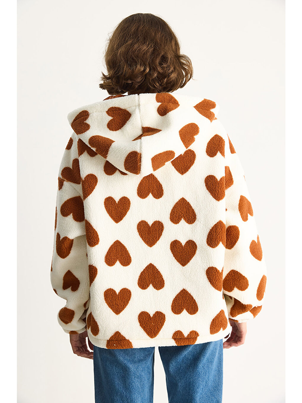 Lila Kadın Kalpli Kapüşonlu Oversize Pelüş Mont RI-7