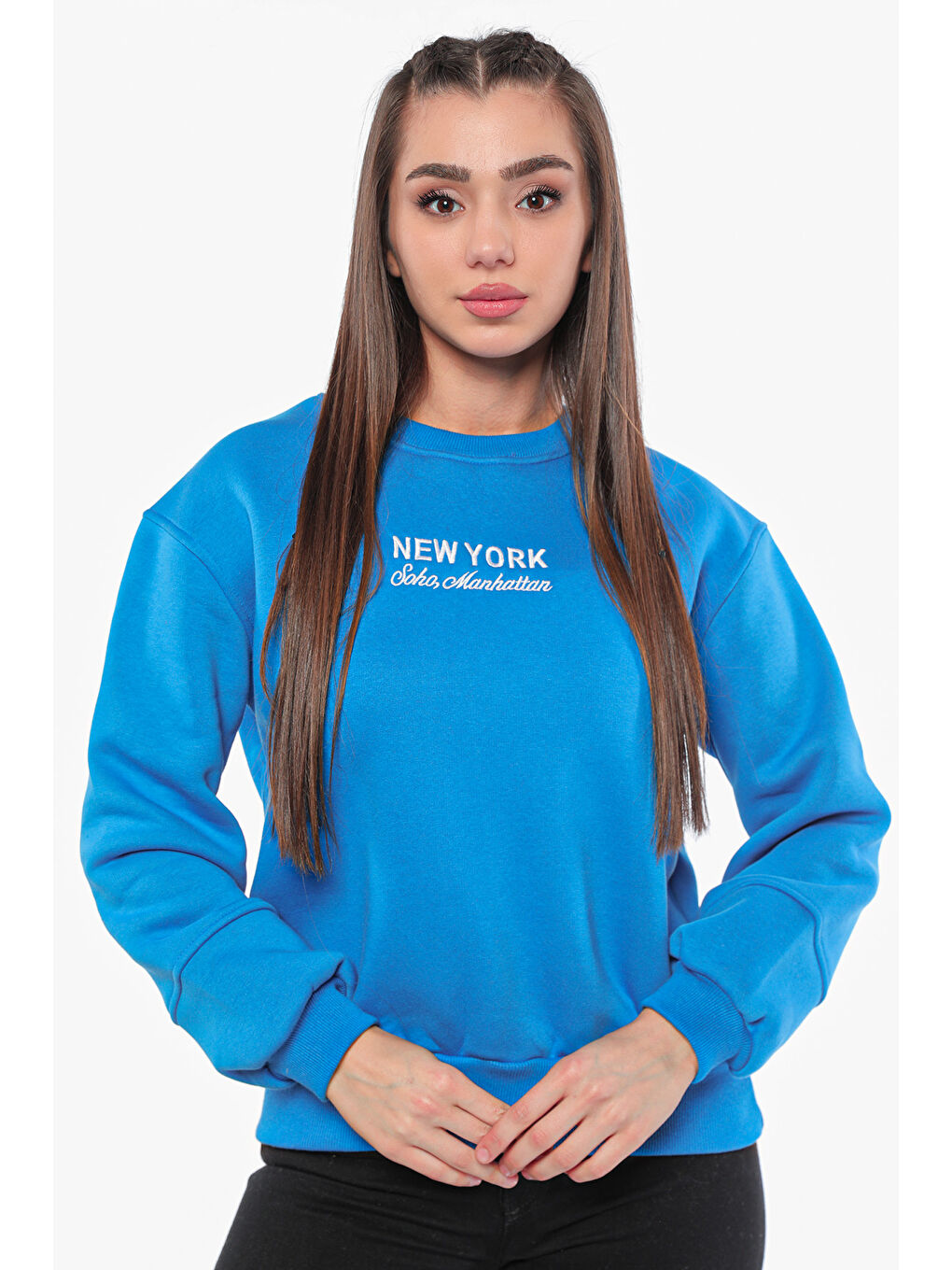 GÜLSELİ Mavi Kadın Şardonlu Baskılı Sweatshirt