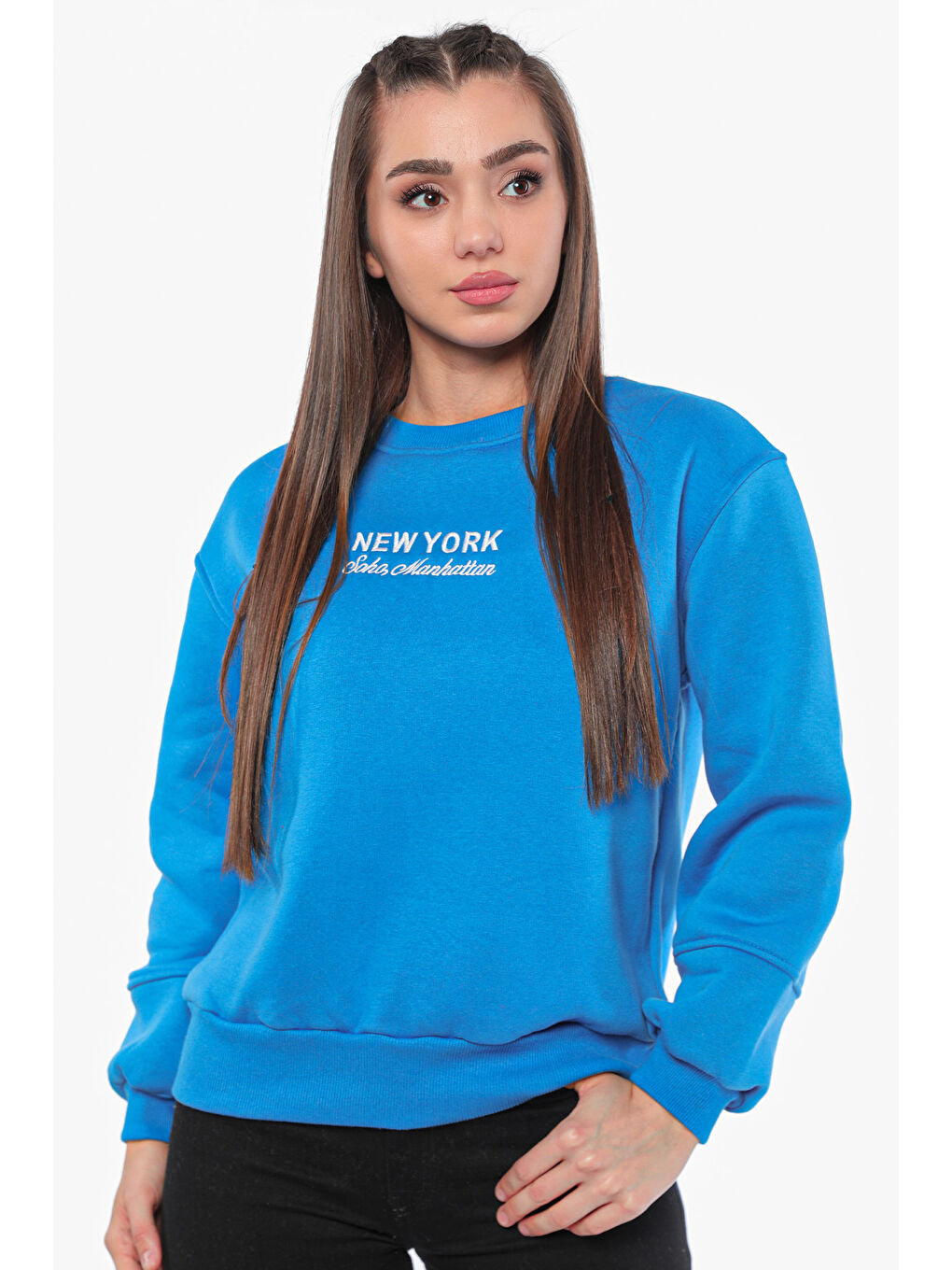 GÜLSELİ Mavi Kadın Şardonlu Baskılı Sweatshirt - 1