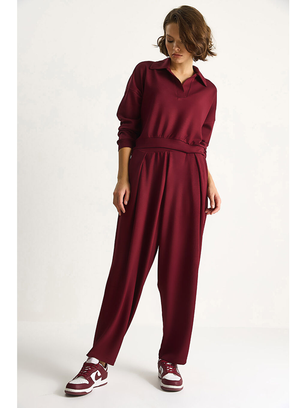 Bordo Kadın Yumuşuk Dokulu Polo Yaka Kısa Sweat Şalvar Viskon Dalgıç Takım-3