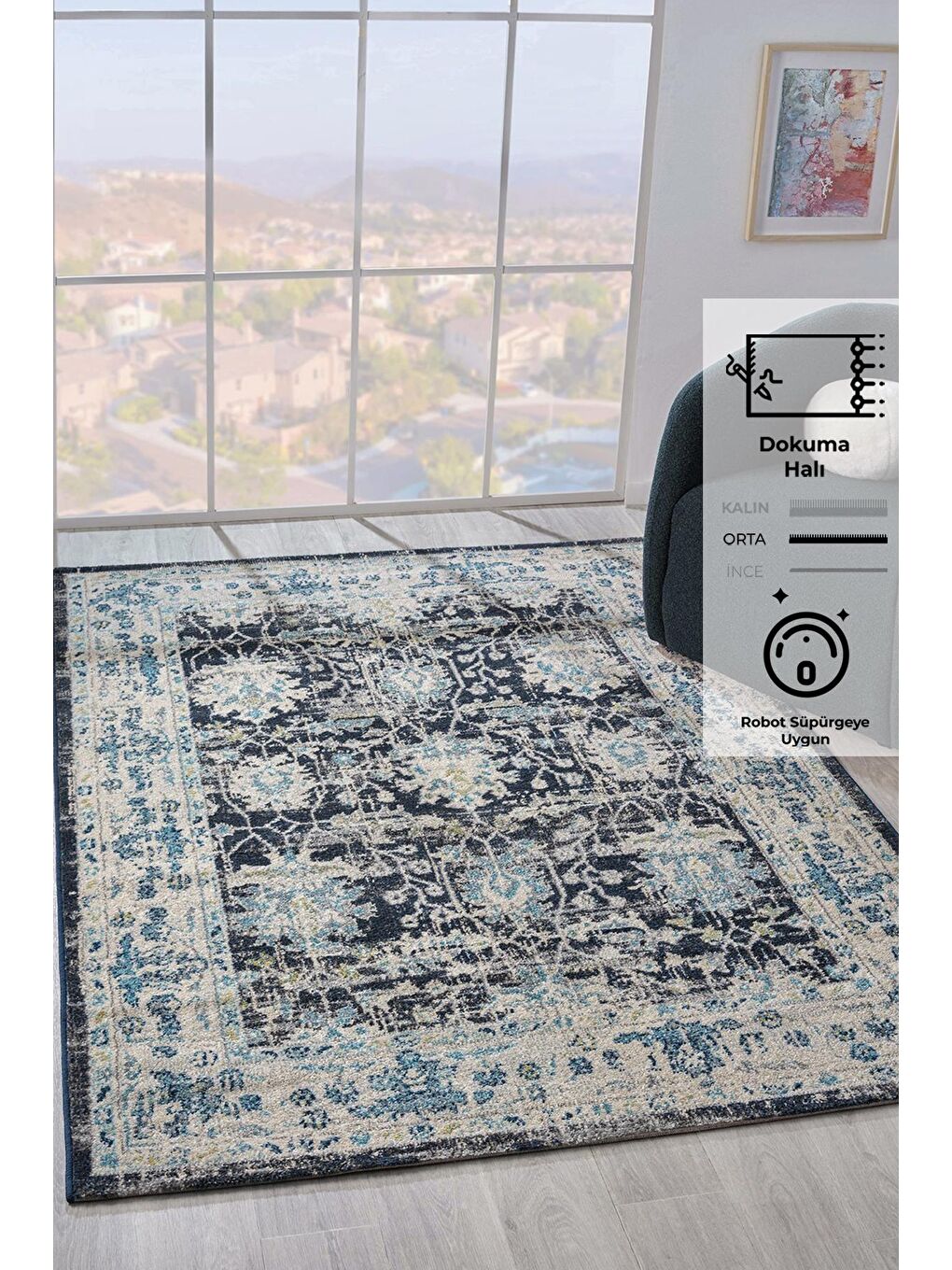 Vintage 7652 Lacivert Klasik Eskitme Dokuma Halı-100x200