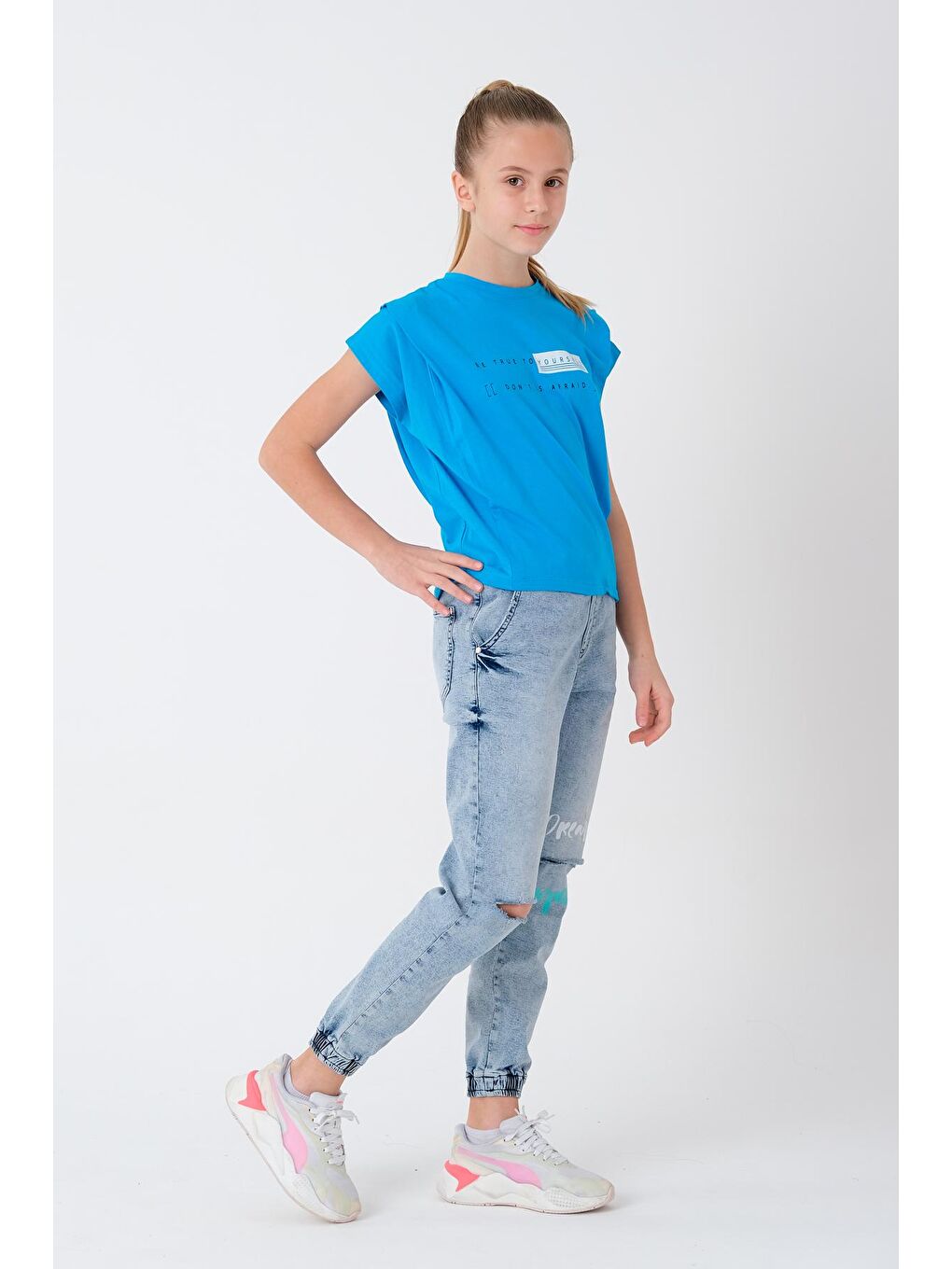 Mavi Kız Çocuk Denim Jean Eskitme Pantolon 7-12 13892