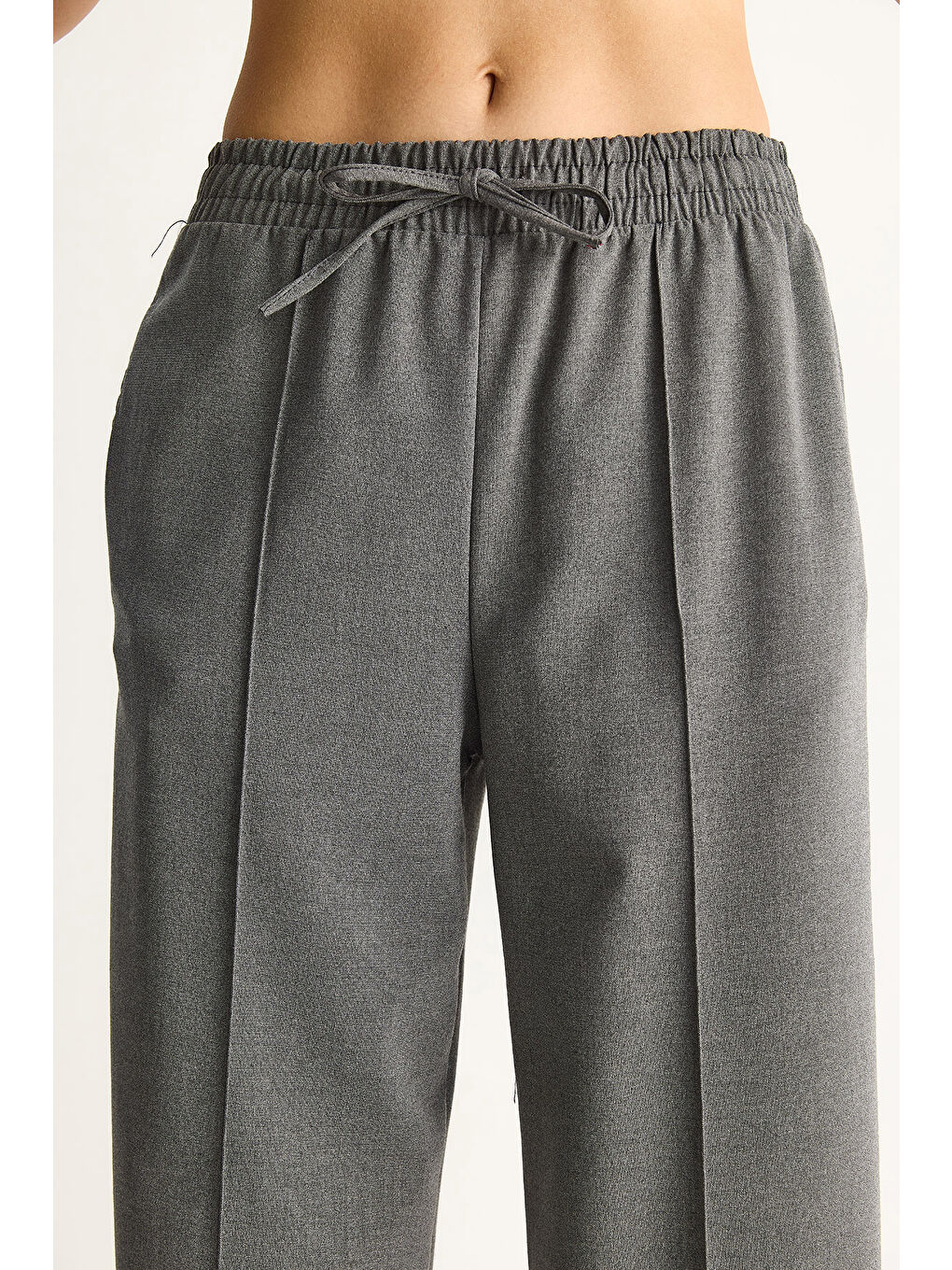 Antrasit Kadın Beli Lastikli Cep Detaylı Nervürlü Plazzo Kumaş Pantolon-5