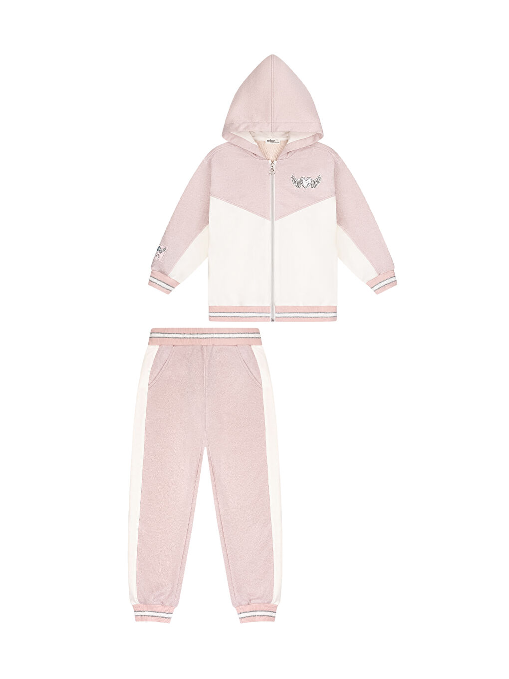 Pembe Angel Kalp Nakışlı Renk Bloklu Simli Eşofman Takımı-1