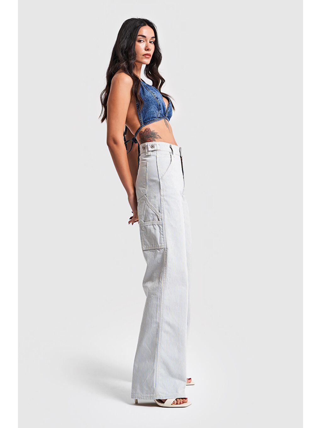 it's basic Mavi Kadın Çizgili Mavi Renk Kumaş Kemer Detaylı Wide Leg Tasarım Denim - 5