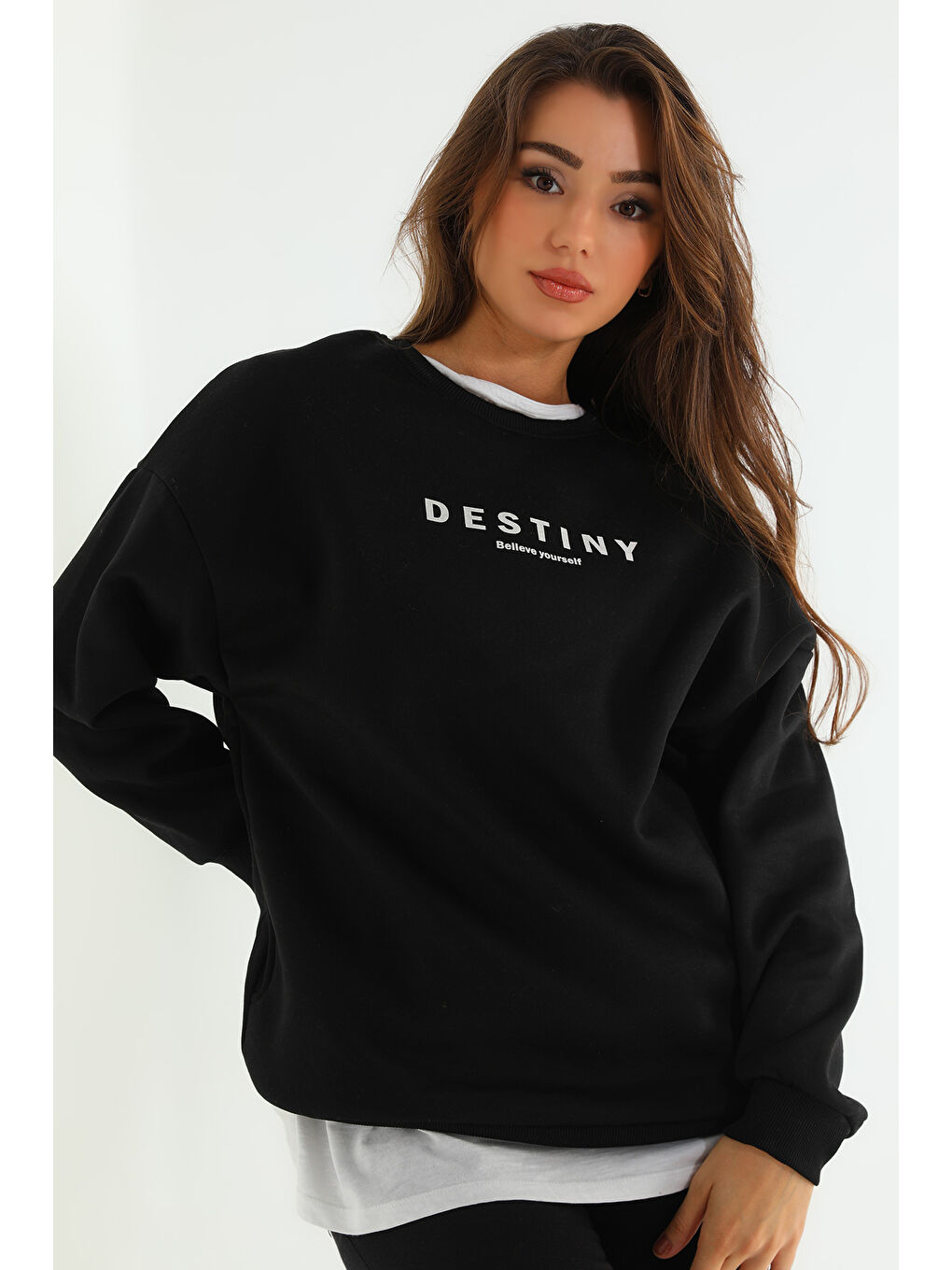 GÜLSELİ Siyah Kadın Baskılı Şardonlu Üç İplik Sweatshirt