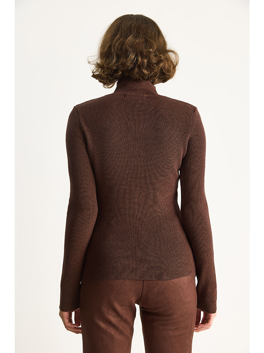 Kahverengi Kadın Çıtçıtlı Fitilli Dik Yaka Uzun Kollu Basic Triko Bluz TK-5