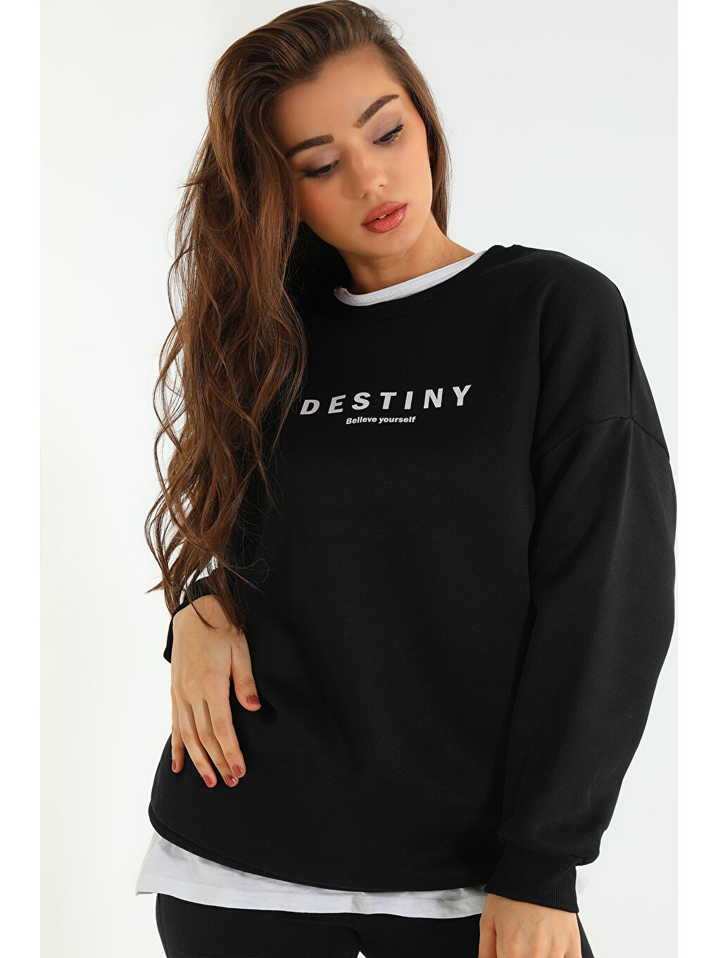 GÜLSELİ Siyah Kadın Baskılı Şardonlu Üç İplik Sweatshirt - 1