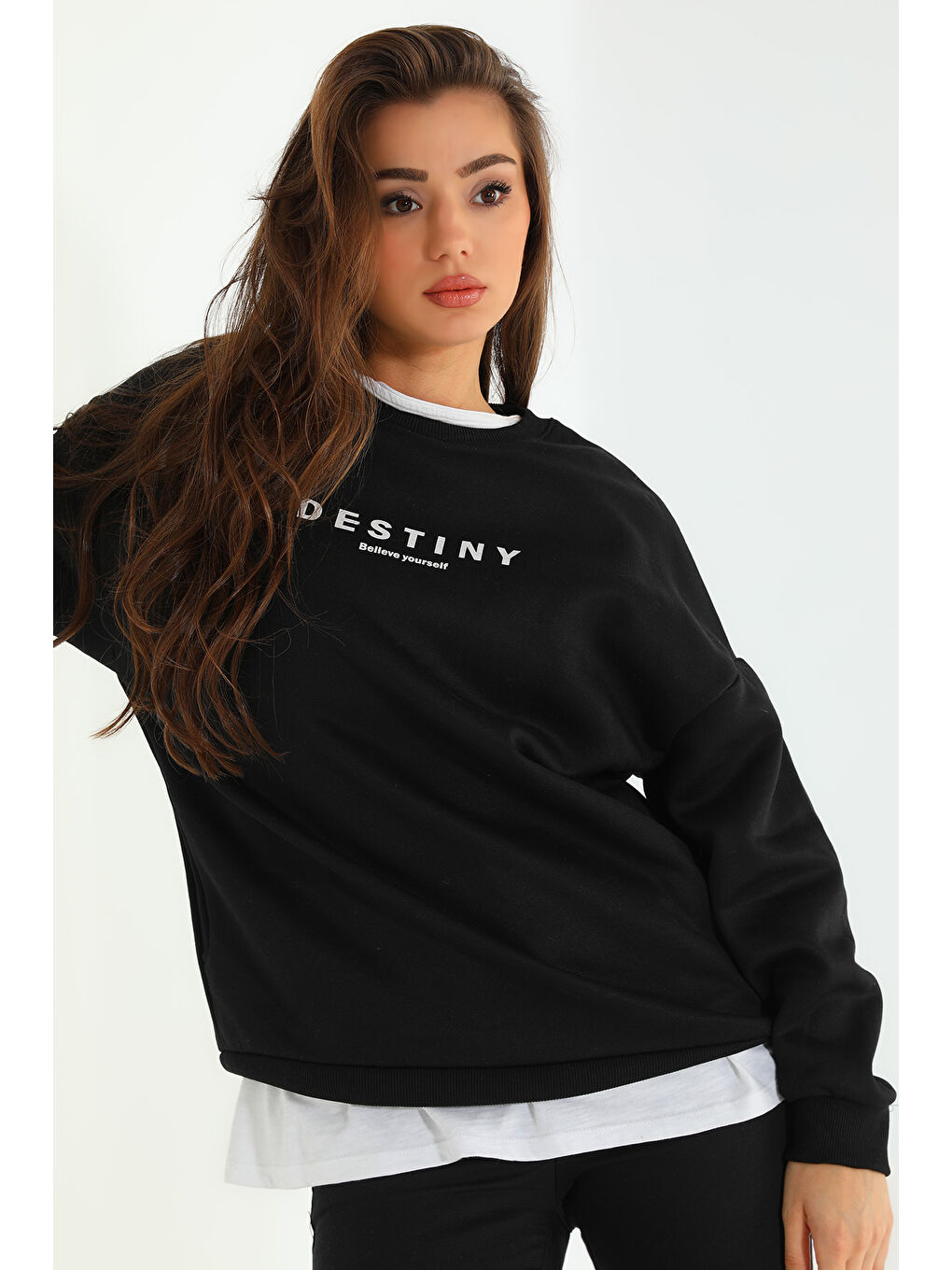 GÜLSELİ Siyah Kadın Baskılı Şardonlu Üç İplik Sweatshirt - 2