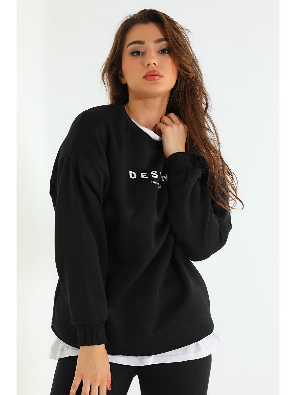 GÜLSELİ Siyah Kadın Baskılı Şardonlu Üç İplik Sweatshirt - 3