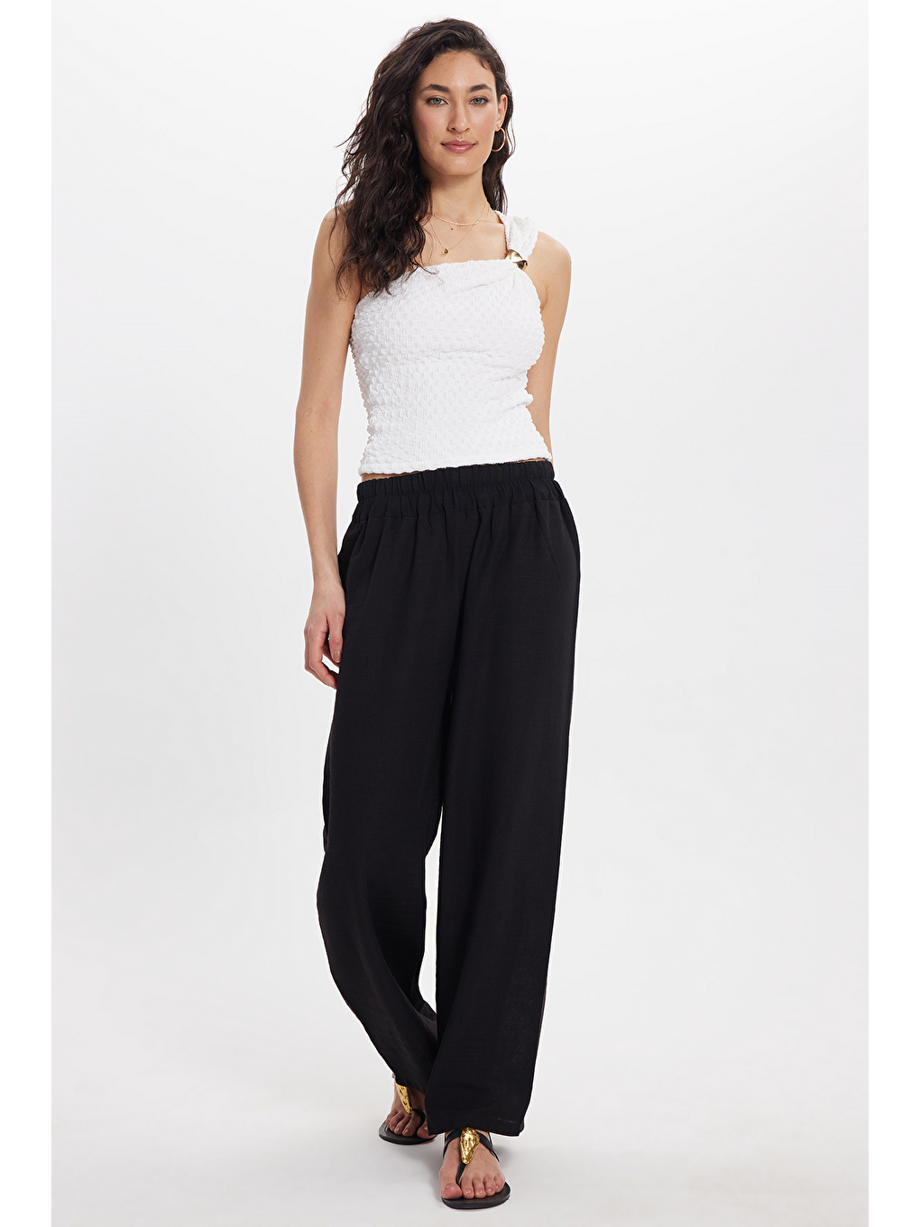 Kadın Relax Fit Rahat Kesim Beli Lastikli Siyah Pantolon-1