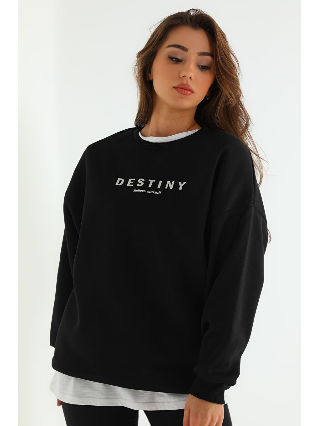 GÜLSELİ Siyah Kadın Baskılı Şardonlu Üç İplik Sweatshirt - 4