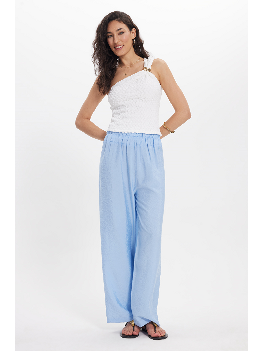 Kadın Relax Fit Rahat Kesim Beli Lastikli Mavi Pantolon-1