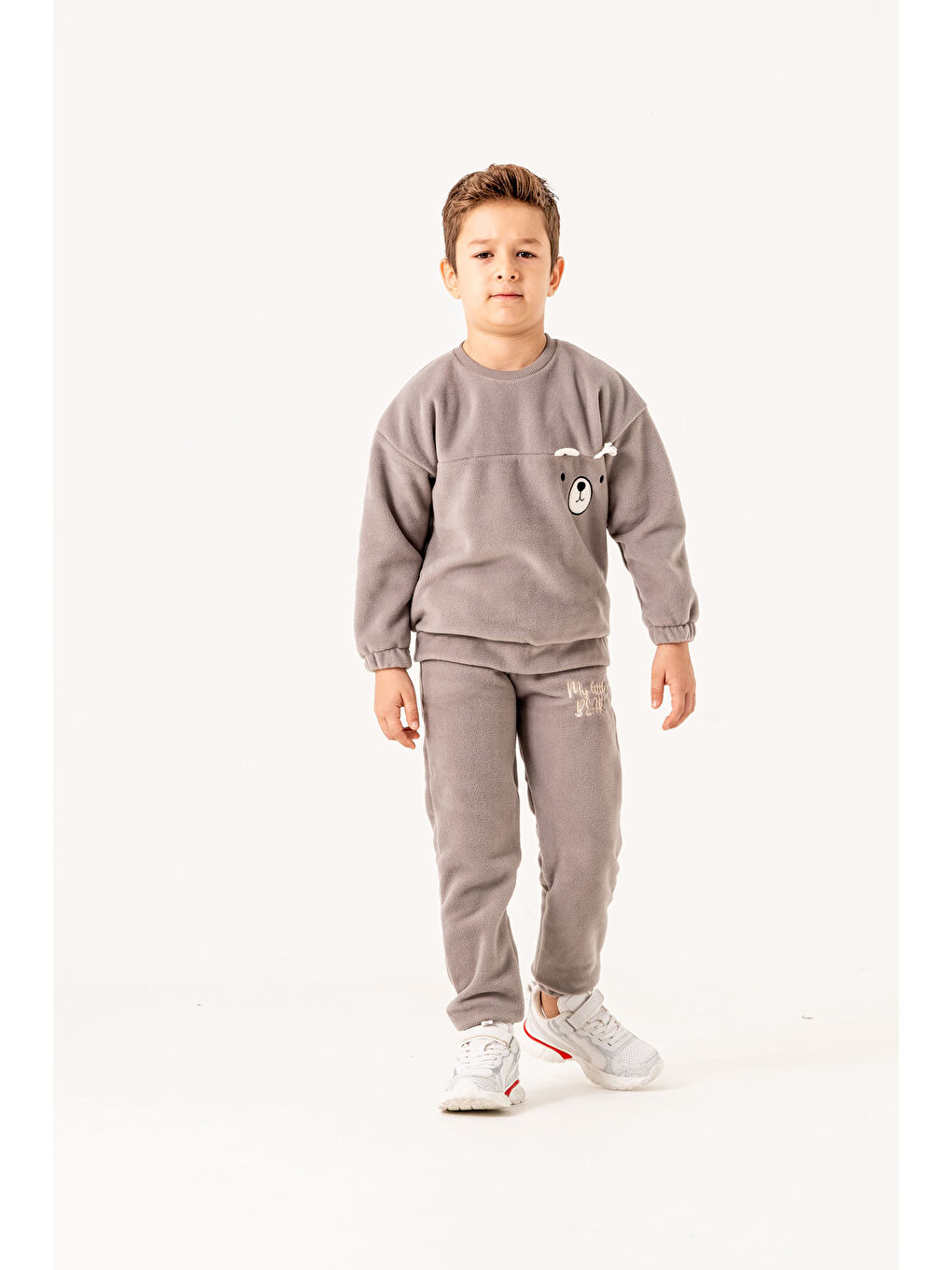Gri Aplikeli Ve Nakışlı Polar Erkek Çocuk Alt-Üst Eşofman Takımı-2