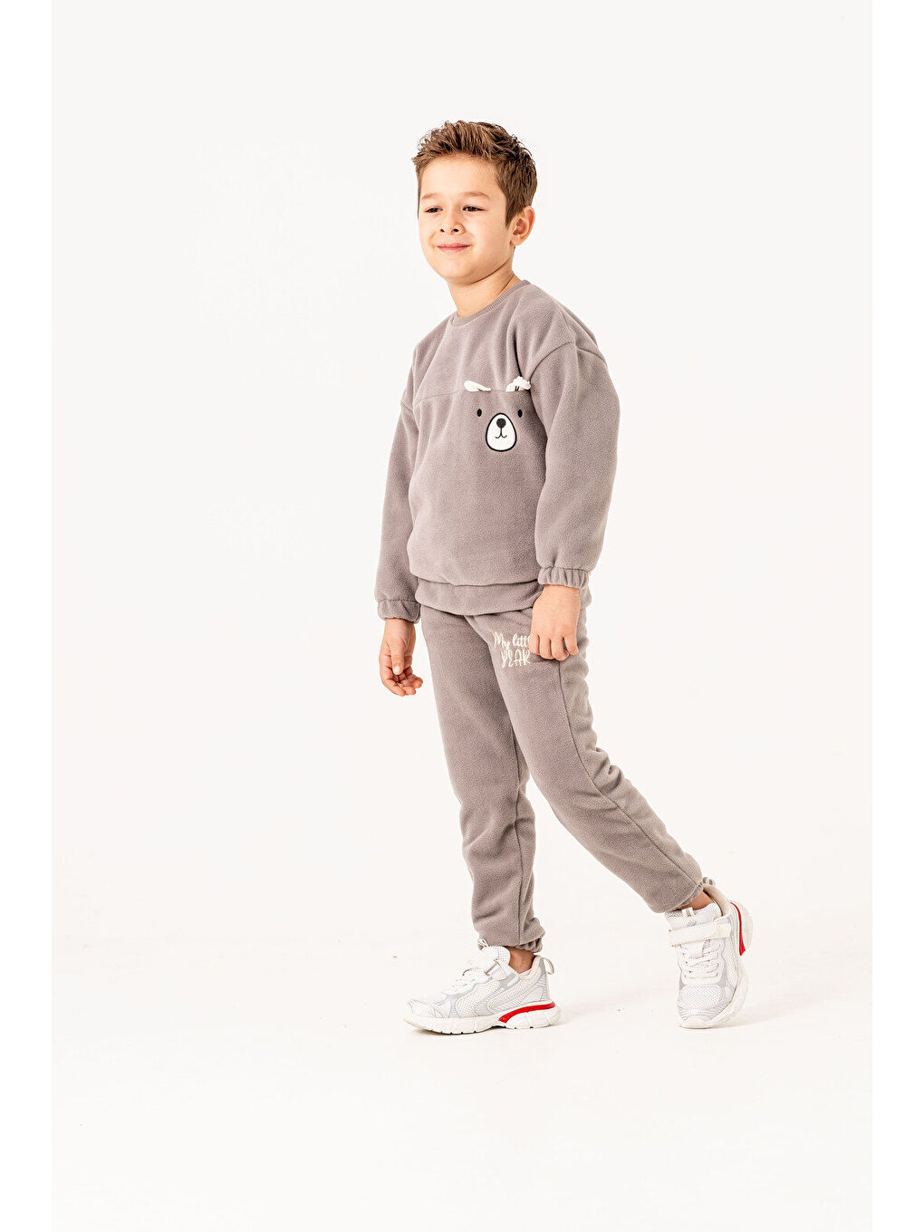 Gri Aplikeli Ve Nakışlı Polar Erkek Çocuk Alt-Üst Eşofman Takımı-3