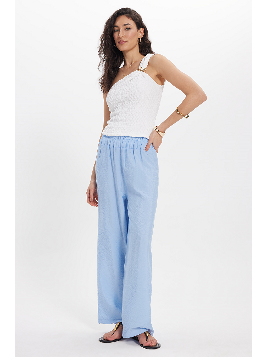 Kadın Relax Fit Rahat Kesim Beli Lastikli Mavi Pantolon-3