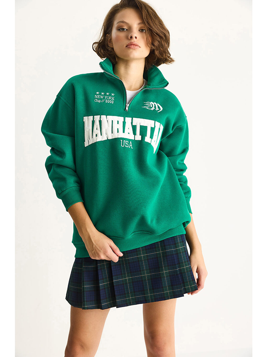 Yeşil Kadın Nakışlı Yarım Fermuarlı Polo Yaka Şardonlu Oversize Sweatshirt-4