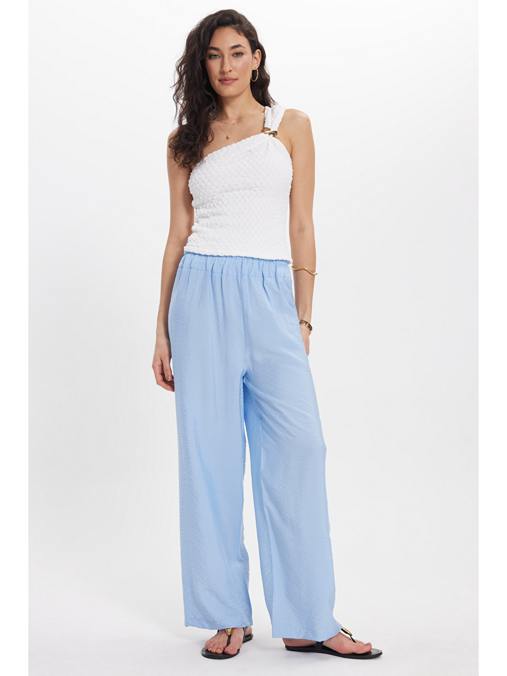 Kadın Relax Fit Rahat Kesim Beli Lastikli Mavi Pantolon-6