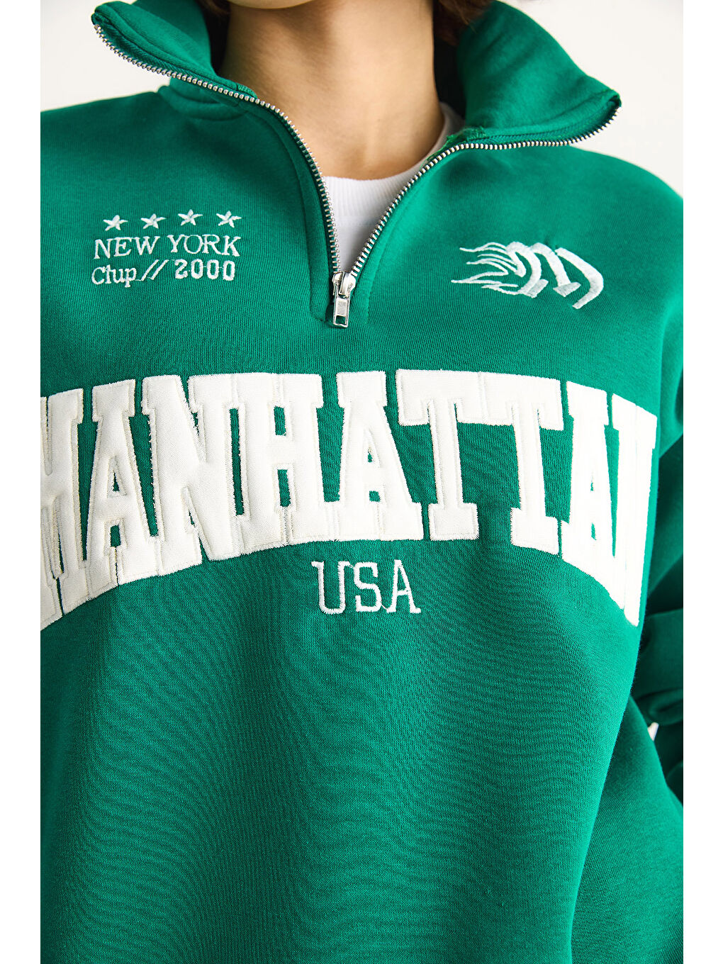 Yeşil Kadın Nakışlı Yarım Fermuarlı Polo Yaka Şardonlu Oversize Sweatshirt-5