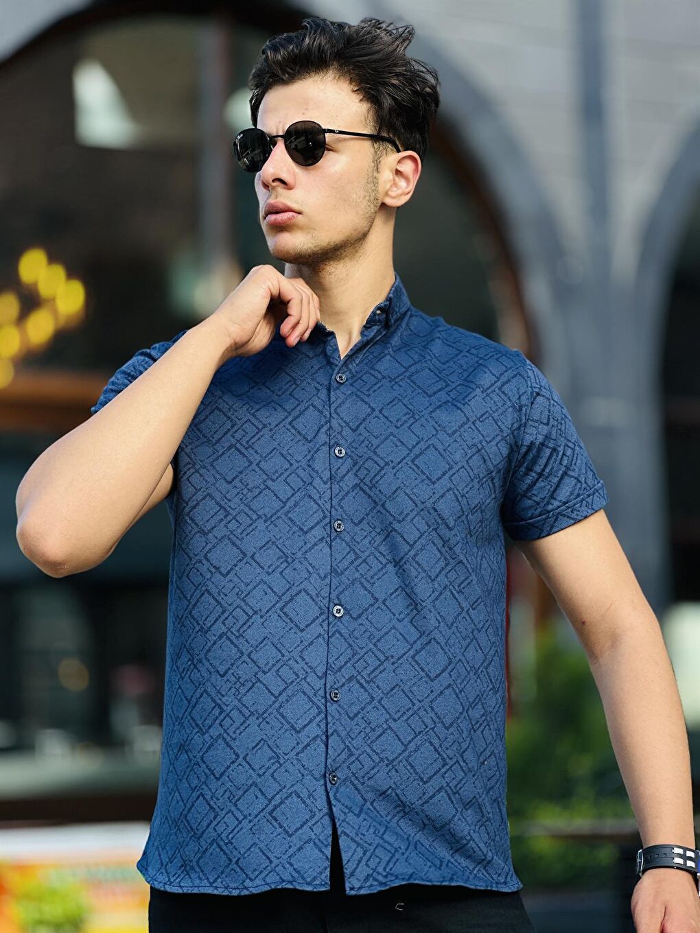 Oxford Geometrik Dijital Baskı Kısa Kollu Gömlek-Lacivert