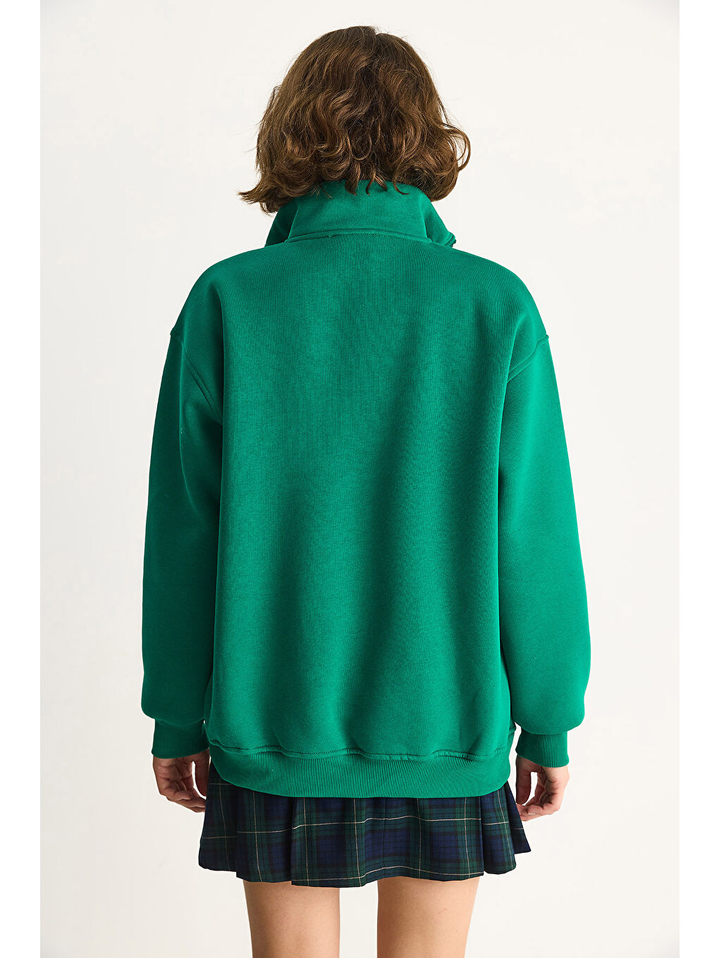 Yeşil Kadın Nakışlı Yarım Fermuarlı Polo Yaka Şardonlu Oversize Sweatshirt-6