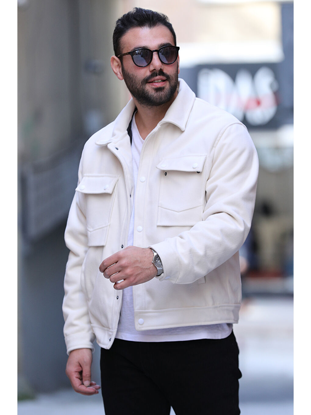 Ekru Ön Çıtçıtlı Erkek Kaşe Mont