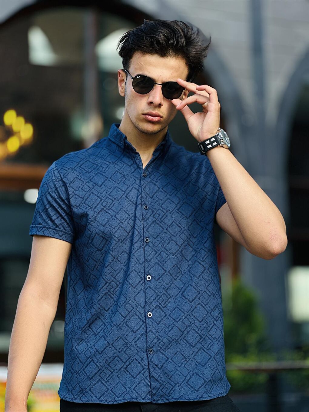 Oxford Geometrik Dijital Baskı Kısa Kollu Gömlek-Lacivert-1