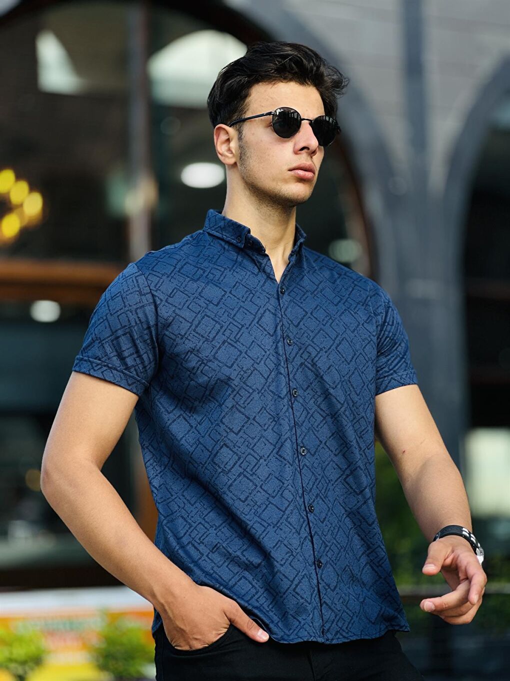 Oxford Geometrik Dijital Baskı Kısa Kollu Gömlek-Lacivert-2