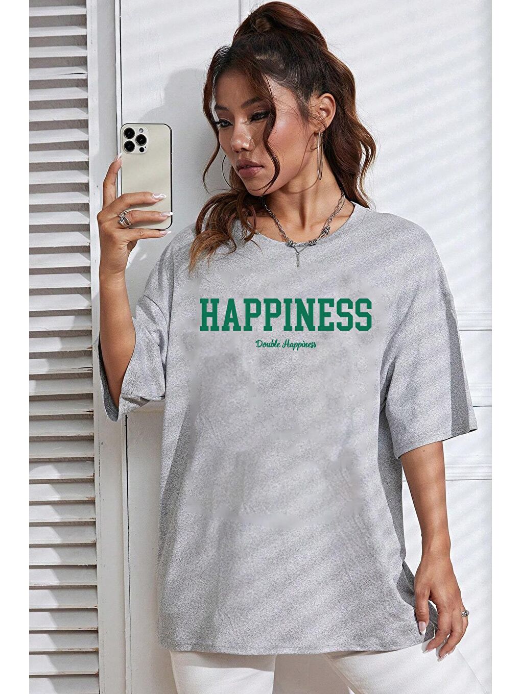 uyguntarz Gri Unisex Happiness Baskılı Tasarım Tshirt