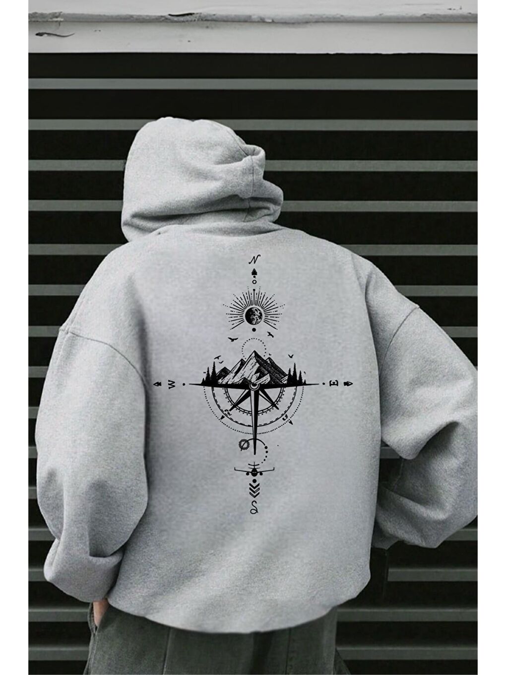 Oksit Gri Compass Sırt Baskılı Pamuklu Erkek Sweatshirt