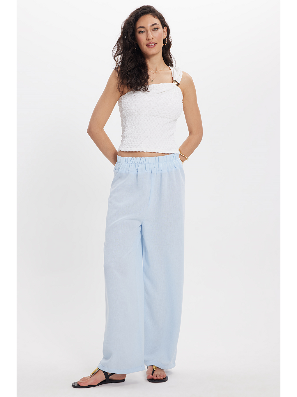 Kadın Relax Fit Rahat Kesim Beli Lastikli Mavi Pantolon-1