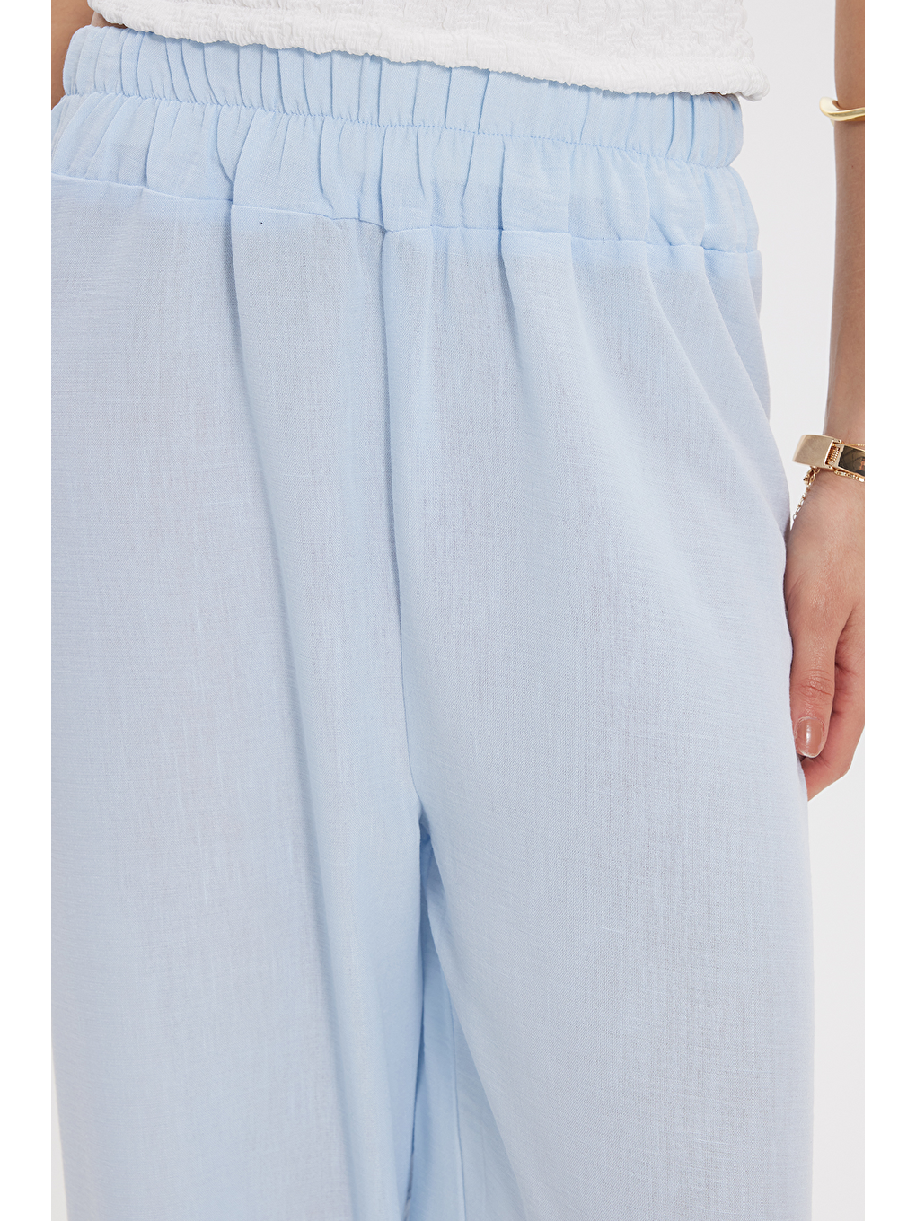 Kadın Relax Fit Rahat Kesim Beli Lastikli Mavi Pantolon-2
