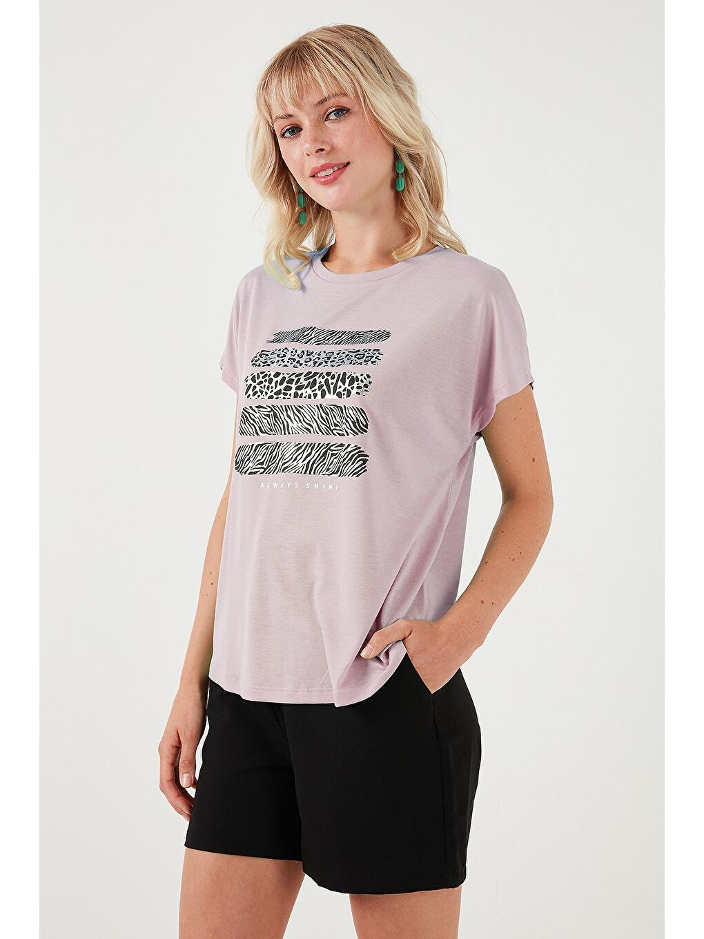 Lela Pudra Pembe Baskılı Bisiklet Yaka Regular Fit T Shirt - 3