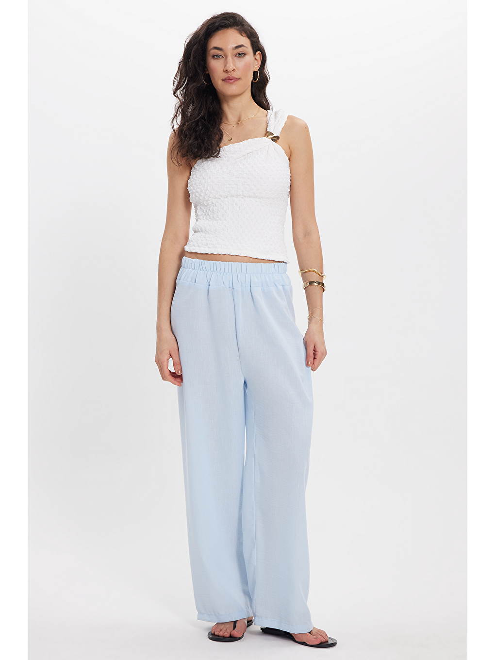 Kadın Relax Fit Rahat Kesim Beli Lastikli Mavi Pantolon-3