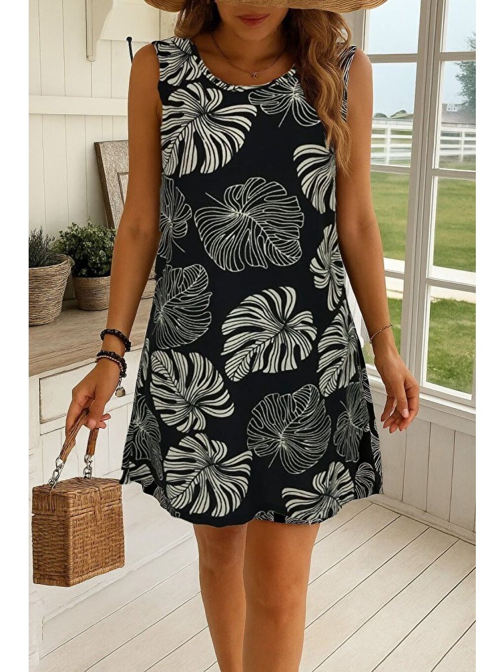 Yeşil Kadın Sıfır Kollu Yuvarlak Yaka Desenli Süprem Elbise