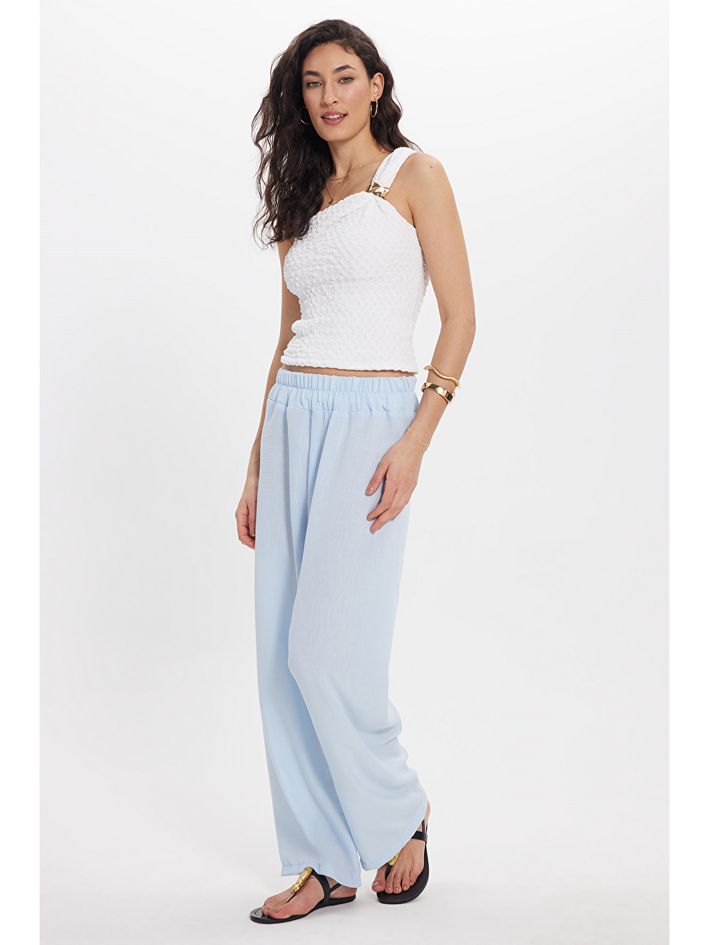 Kadın Relax Fit Rahat Kesim Beli Lastikli Mavi Pantolon-6