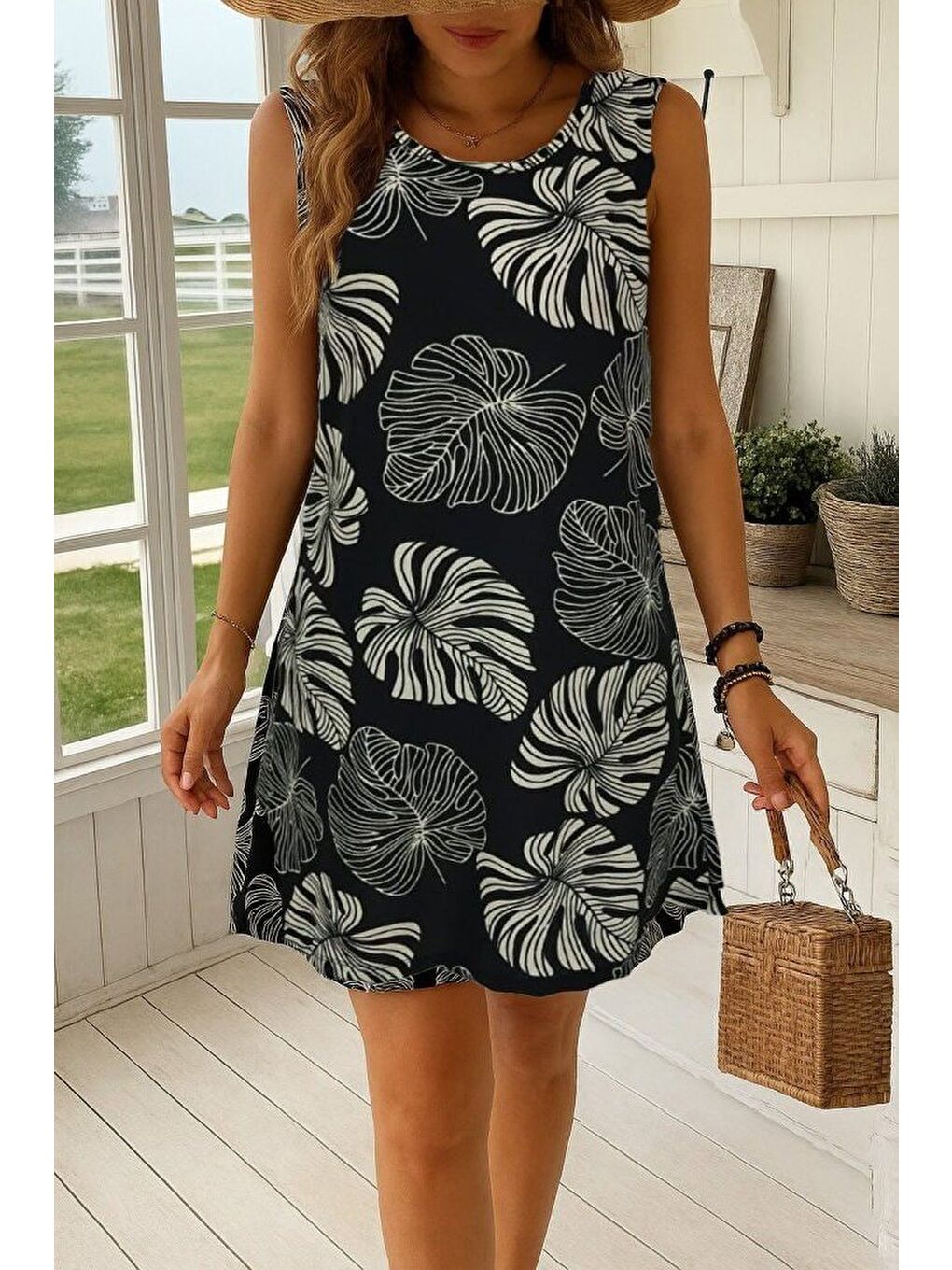 Yeşil Kadın Sıfır Kollu Yuvarlak Yaka Desenli Süprem Elbise-2