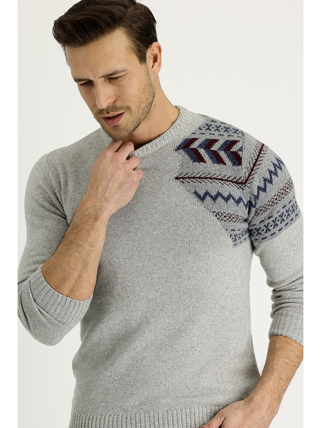 Gri Bisiklet Yaka Desenli Yünlü Slim Fit Dar Kesim Triko Kazak