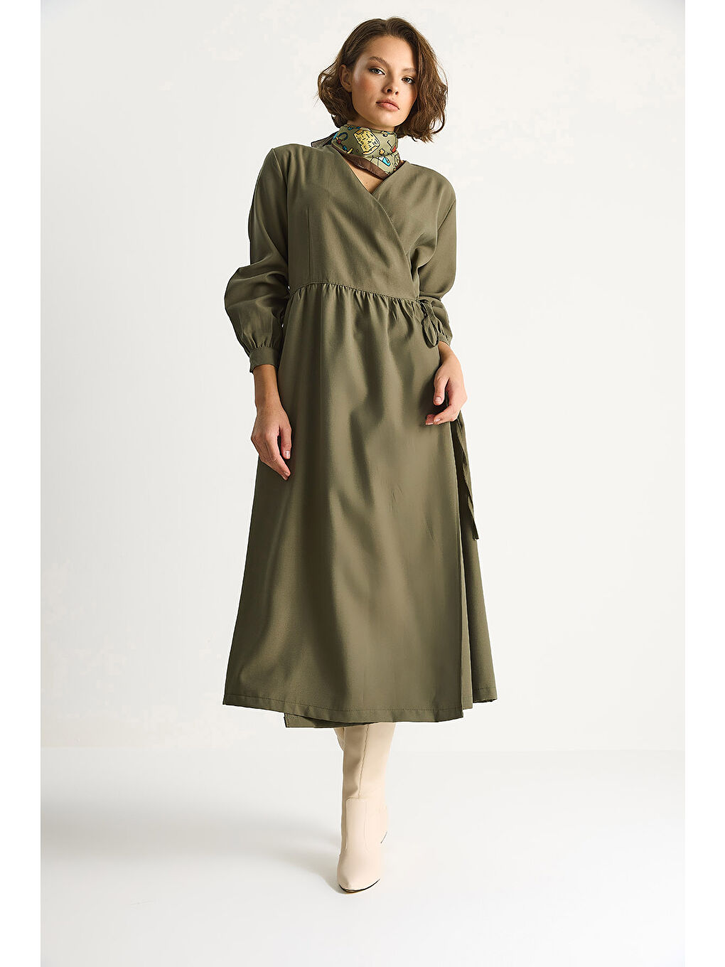 Haki Kadın Kruvaze Kapamalı Cep Detaylı Modal Uzun Elbise-2