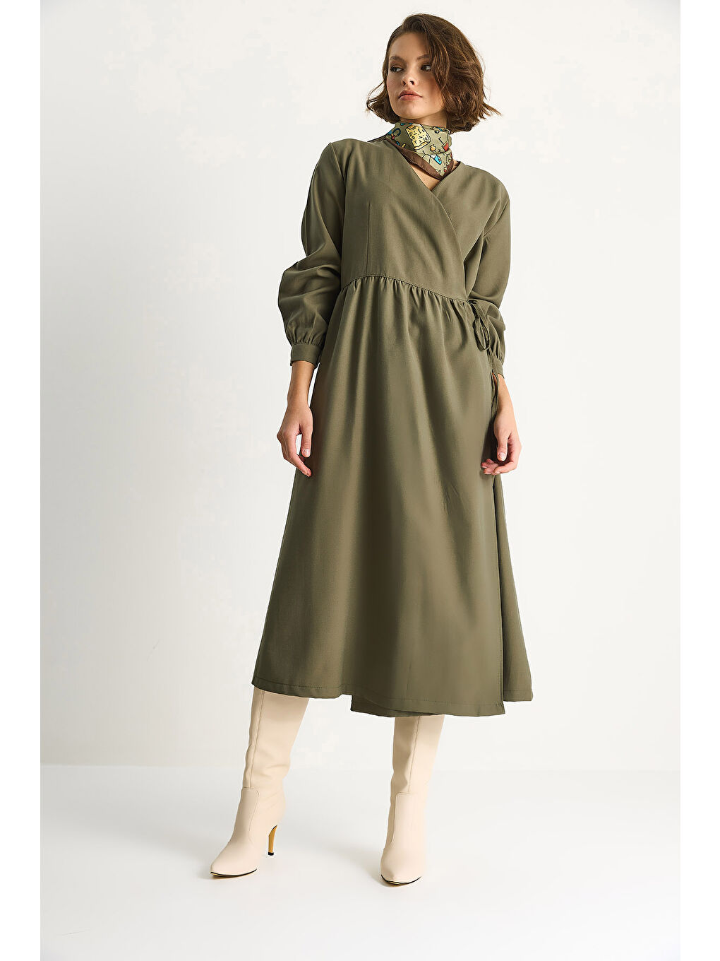 Haki Kadın Kruvaze Kapamalı Cep Detaylı Modal Uzun Elbise-3