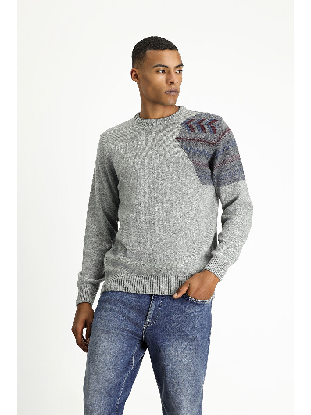 Gri Bisiklet Yaka Desenli Yünlü Slim Fit Dar Kesim Triko Kazak-1