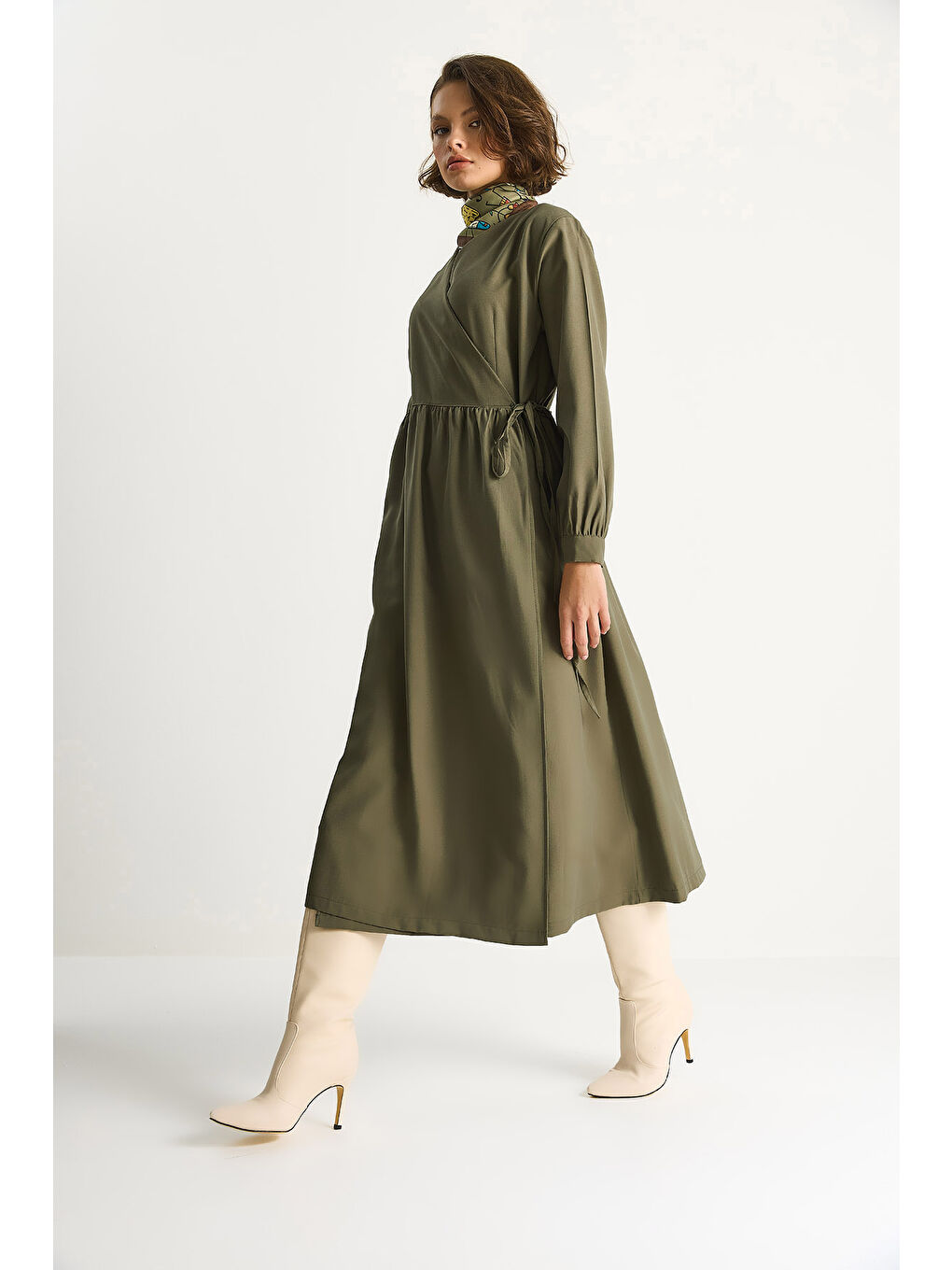 Haki Kadın Kruvaze Kapamalı Cep Detaylı Modal Uzun Elbise-4