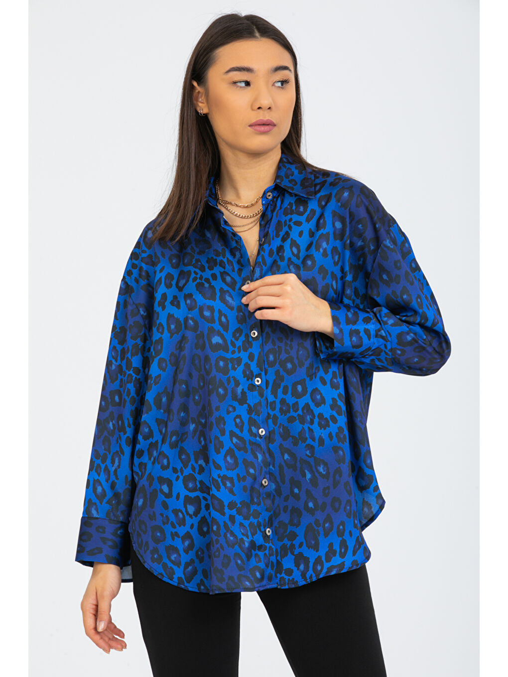 Mavi Leopar Desenli  Salaş Oversize  Saten Gömlek-2
