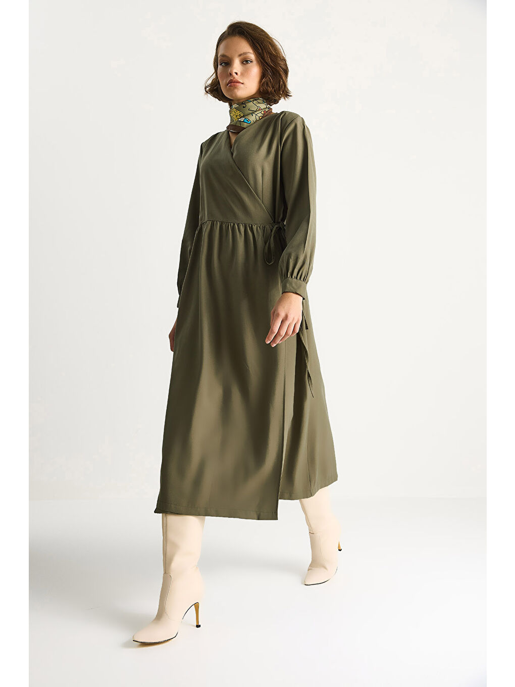 Haki Kadın Kruvaze Kapamalı Cep Detaylı Modal Uzun Elbise-5