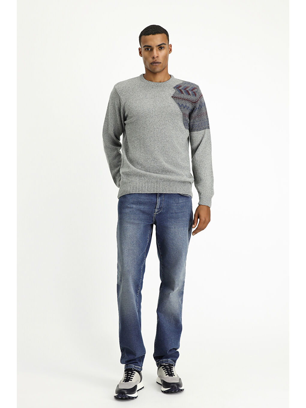 Gri Bisiklet Yaka Desenli Yünlü Slim Fit Dar Kesim Triko Kazak-2