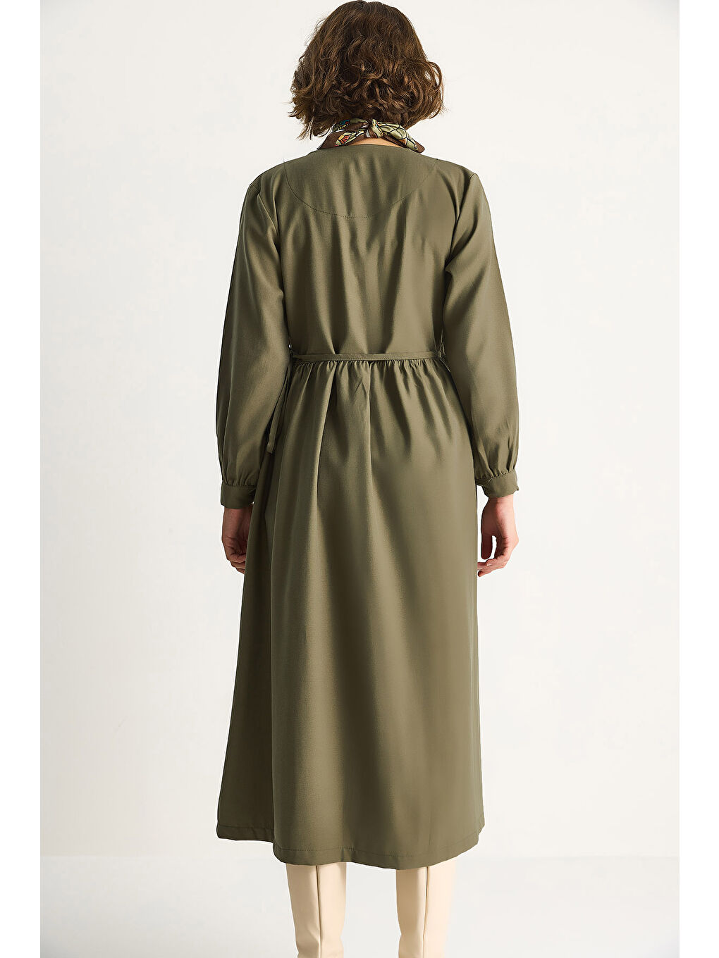 Haki Kadın Kruvaze Kapamalı Cep Detaylı Modal Uzun Elbise-7