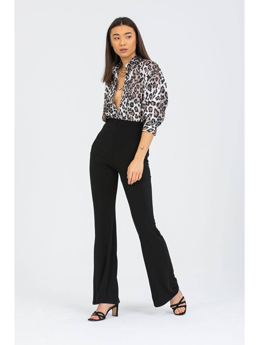 Bej Leopar Desenli  Salaş Oversize  Saten Gömlek-1