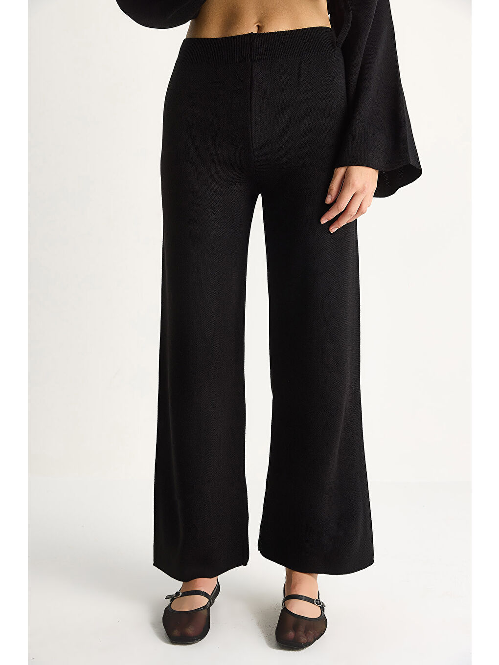 Siyah Kadın Kruvaze Triko Bluz & Yüksek Bel Pantolon Takım N-6