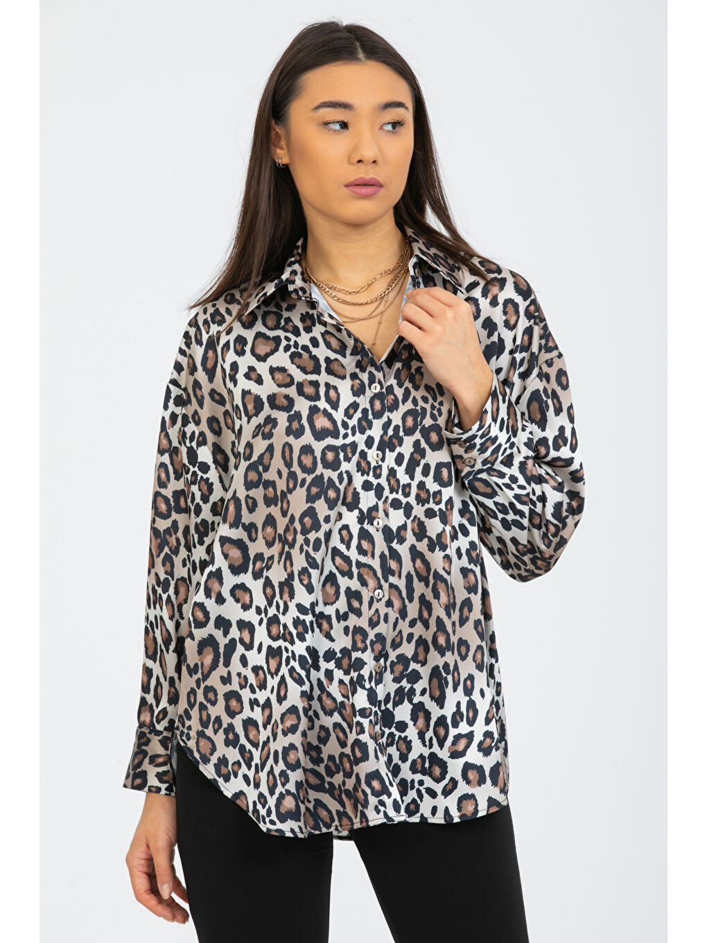 Bej Leopar Desenli  Salaş Oversize  Saten Gömlek-2