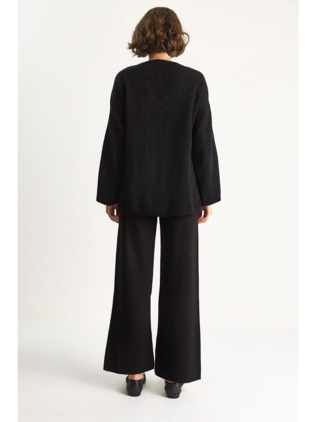 Siyah Kadın Kruvaze Triko Bluz & Yüksek Bel Pantolon Takım N-7